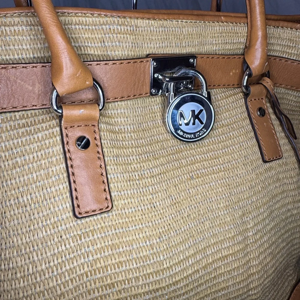 Michael Kors Straw Hamilton Tote Large Tan Leather Trim Satchel - Picture 2 of 10